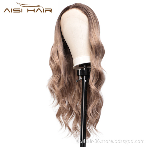 Aisi Hair Cheap Long Wavy Ombre Brown Dark Root Wig Body Wave Lace Front Wig Synthetic Fiber Front Lace Wigs For Black Women
